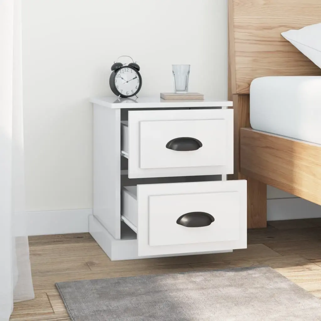 Bedside Cabinet 2 Drawer Nightstand White Gloss Engineered Wood Storage Table