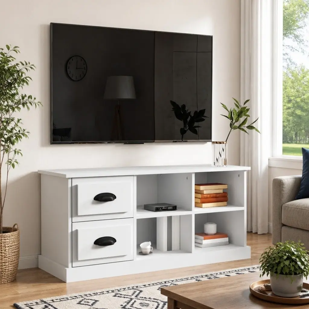 TV Cabinet White Storage Unit for Living Room 102x35.5x47.5 cm with Drawers and Open Compartments
