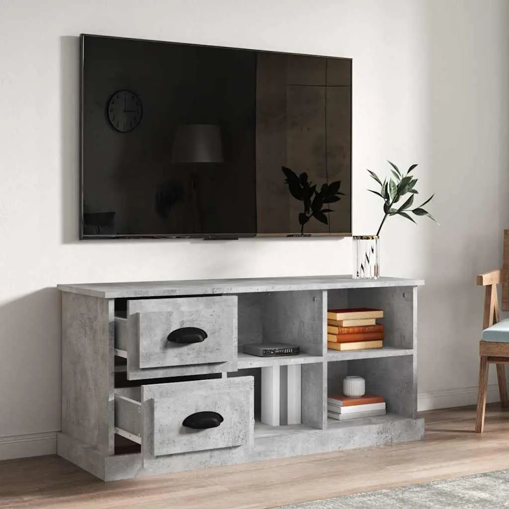 Grey TV Cabinet Engineered Wood Storage Unit 102x35.5x47.5cm with 2 Drawers and 4 Open Compartments for Organizing Entertainment Space