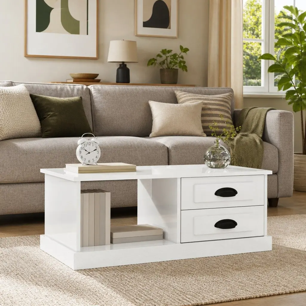 Coffee Table High Gloss White with Storage Drawers Compartment Engineered Wood