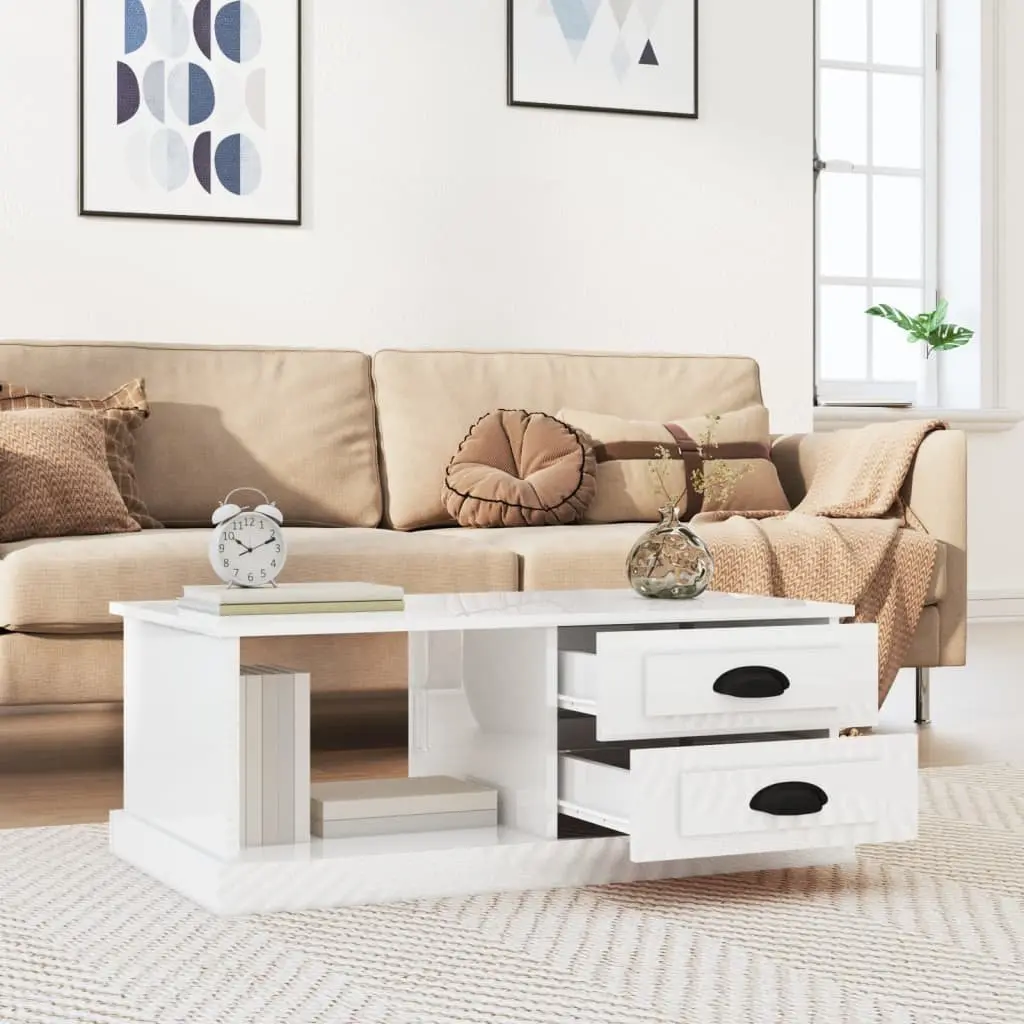 Coffee Table High Gloss White with Storage Drawers Compartment Engineered Wood