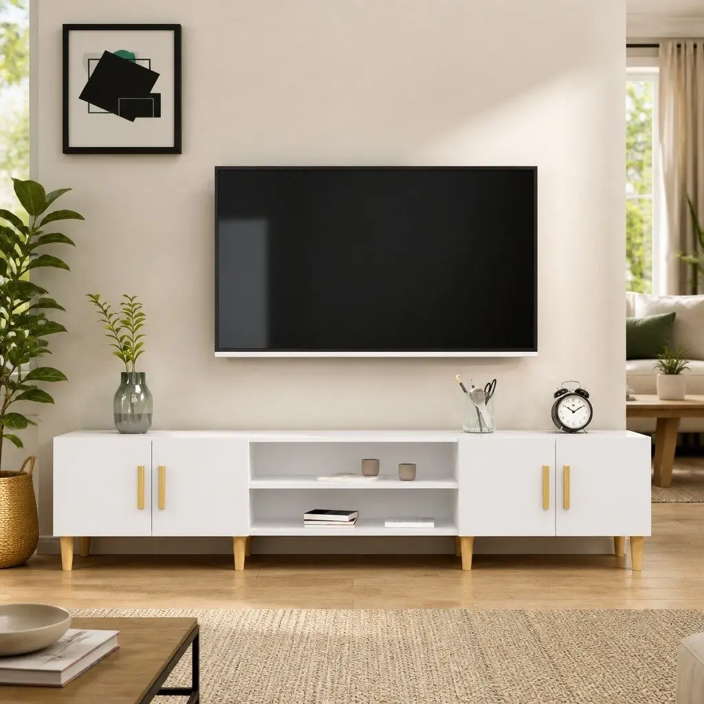 TV Cabinet White 180x31.5x40 cm Engineered Wood 4 Compartments 4 Doors Storage