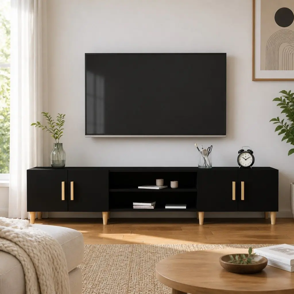 TV Cabinet Black 180cm Living Room Storage Unit with 4 Compartments 4 Doors