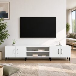 TV Cabinet White Engineered Wood Storage Unit 4 Door 4 Compartment Furniture