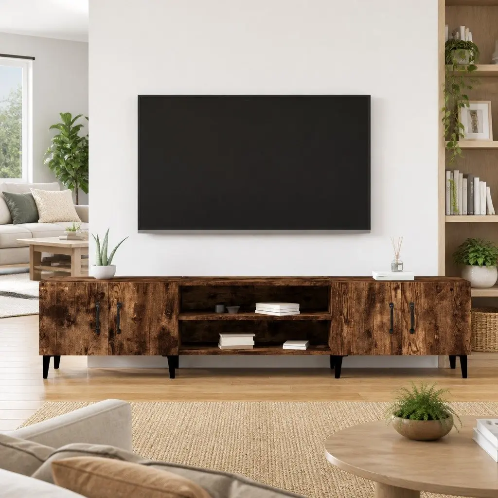 TV Cabinet for Living Room Brown 180x31.5x40 cm Engineered Wood Storage Unit with 4 Doors and 4 Compartments