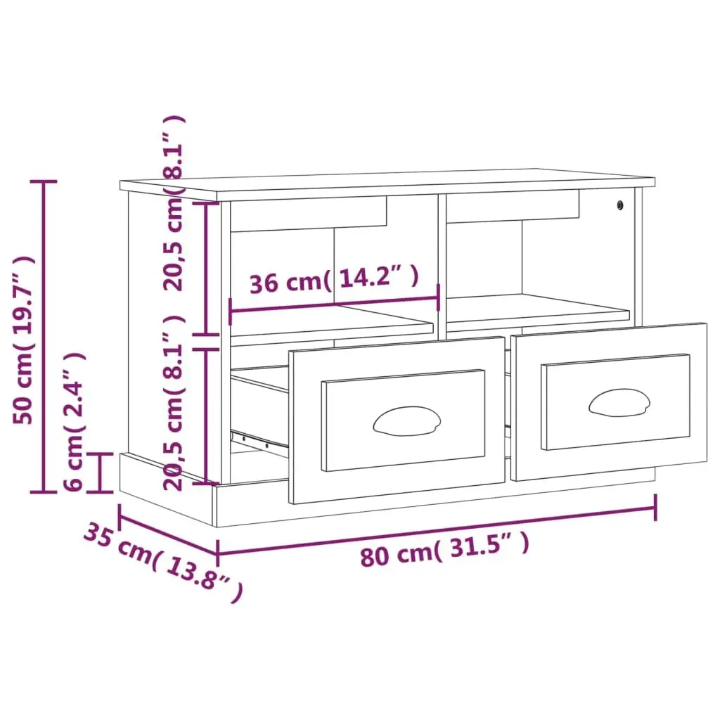 TV Cabinet White High Gloss 80x35x50cm Engineered Wood Storage Drawers