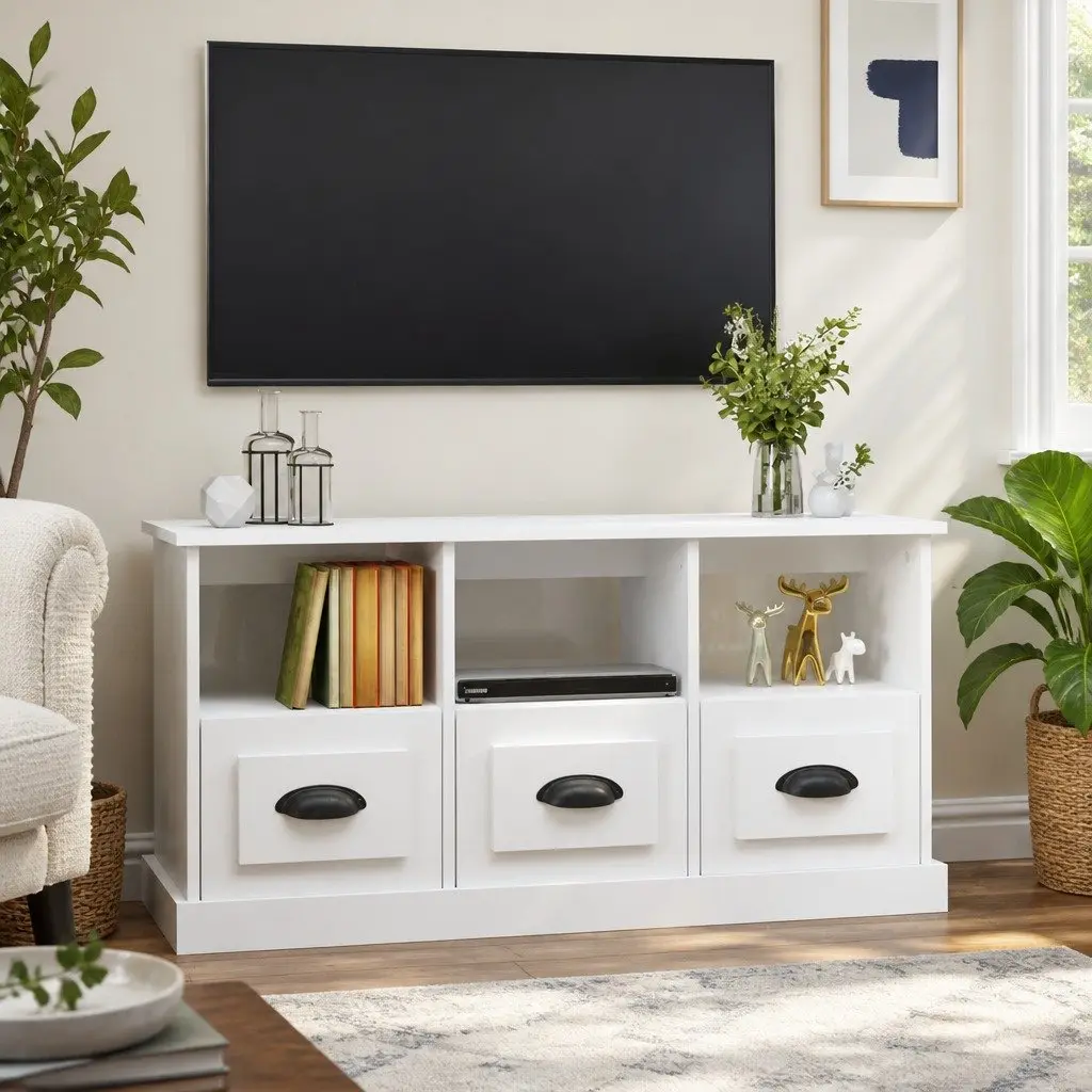 TV Cabinet Living Room 100x35x50cm White High Gloss Engineered Wood Storage Unit