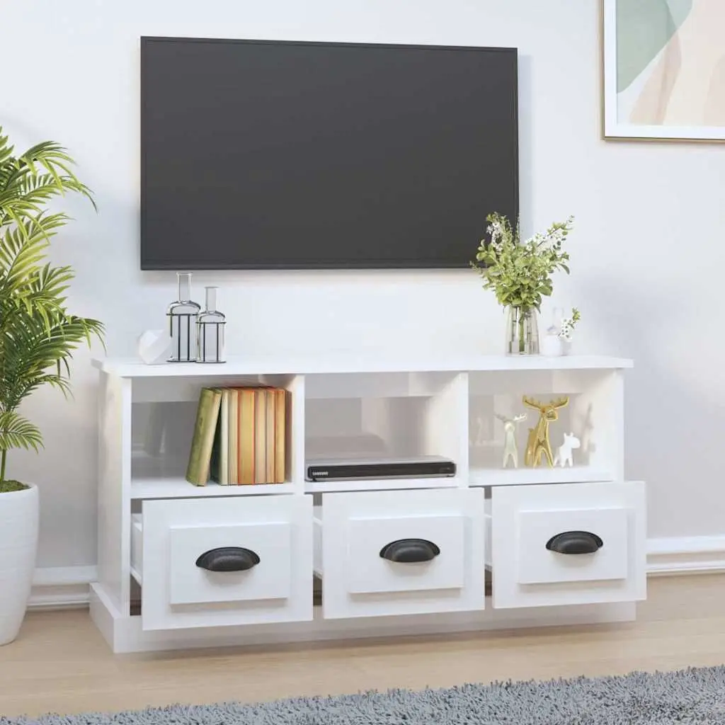 TV Cabinet Living Room 100x35x50cm White High Gloss Engineered Wood Storage Unit