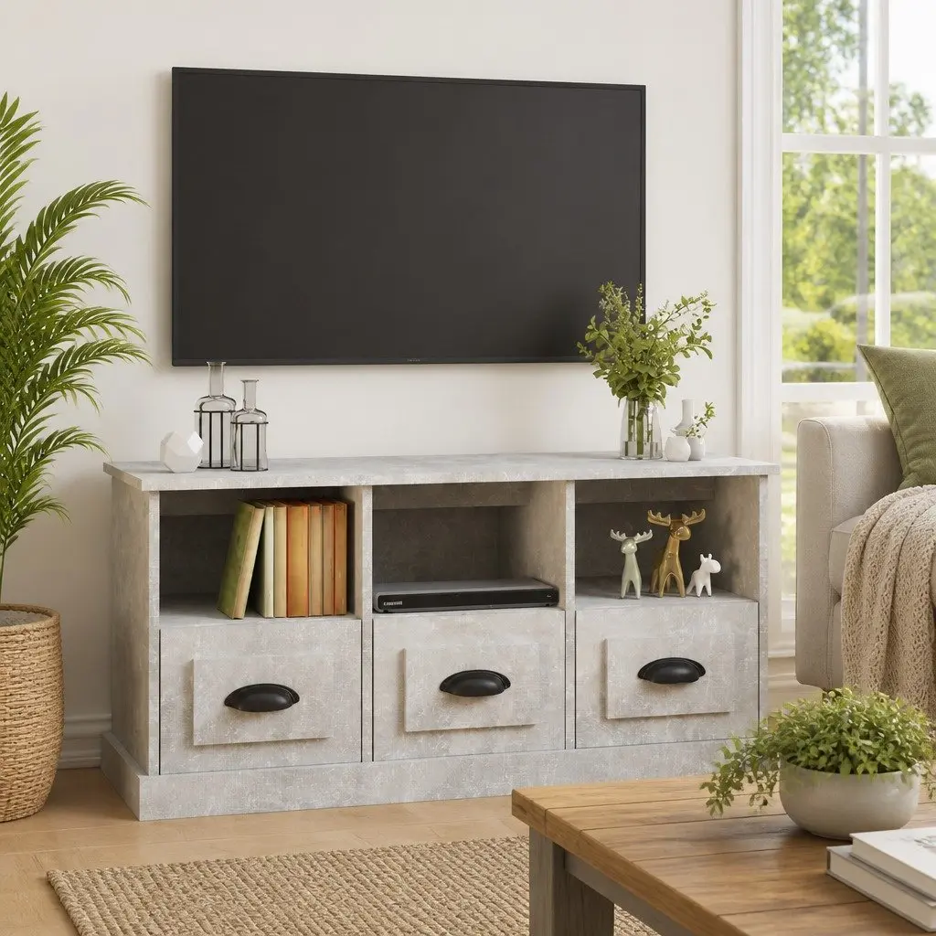 Grey Engineered Wood TV Cabinet 100cm for Living Room with 3 Drawers and 3 Open Shelves