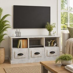 Grey Engineered Wood TV Cabinet - 100x35x50cm with 3 Drawers