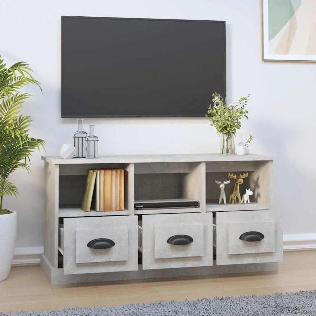 Grey Engineered Wood TV Cabinet 100cm for Living Room with 3 Drawers and 3 Open Shelves