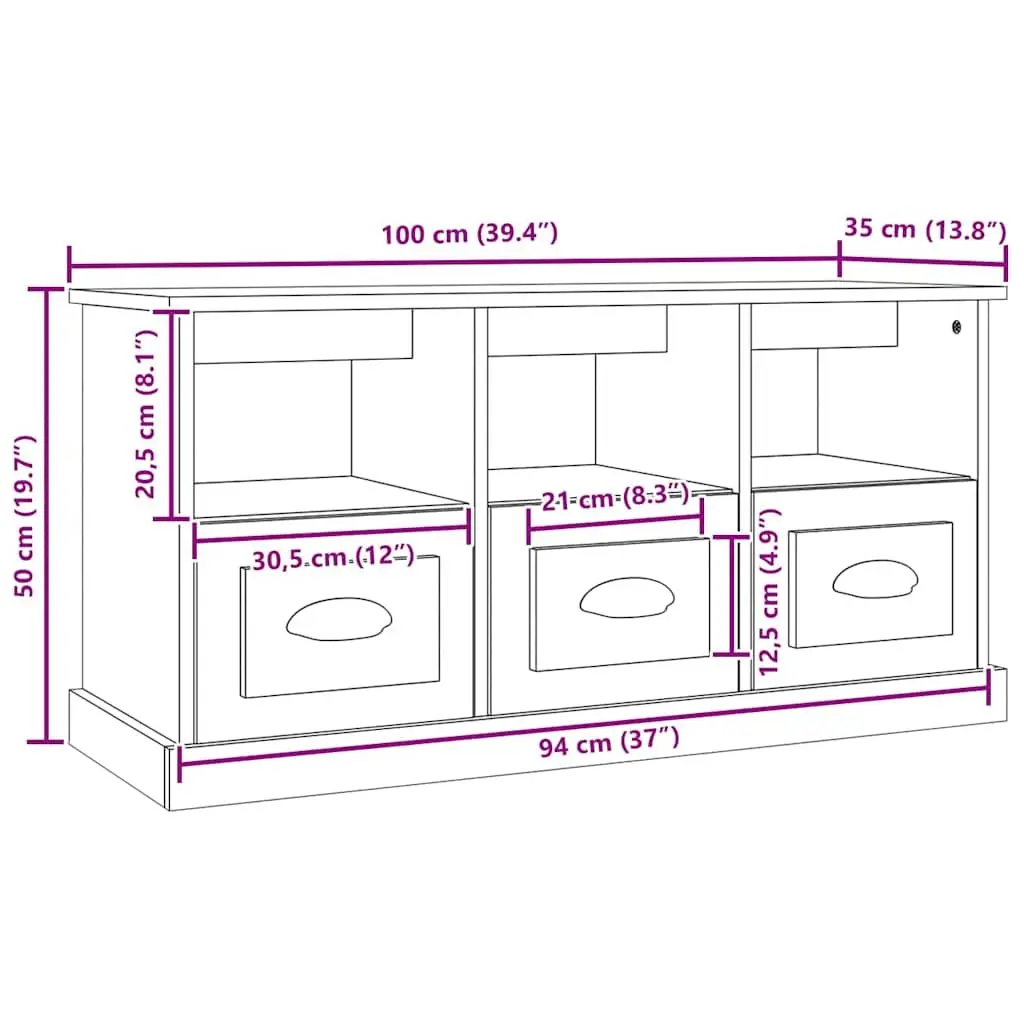 Grey Engineered Wood TV Cabinet 100cm for Living Room with 3 Drawers and 3 Open Shelves