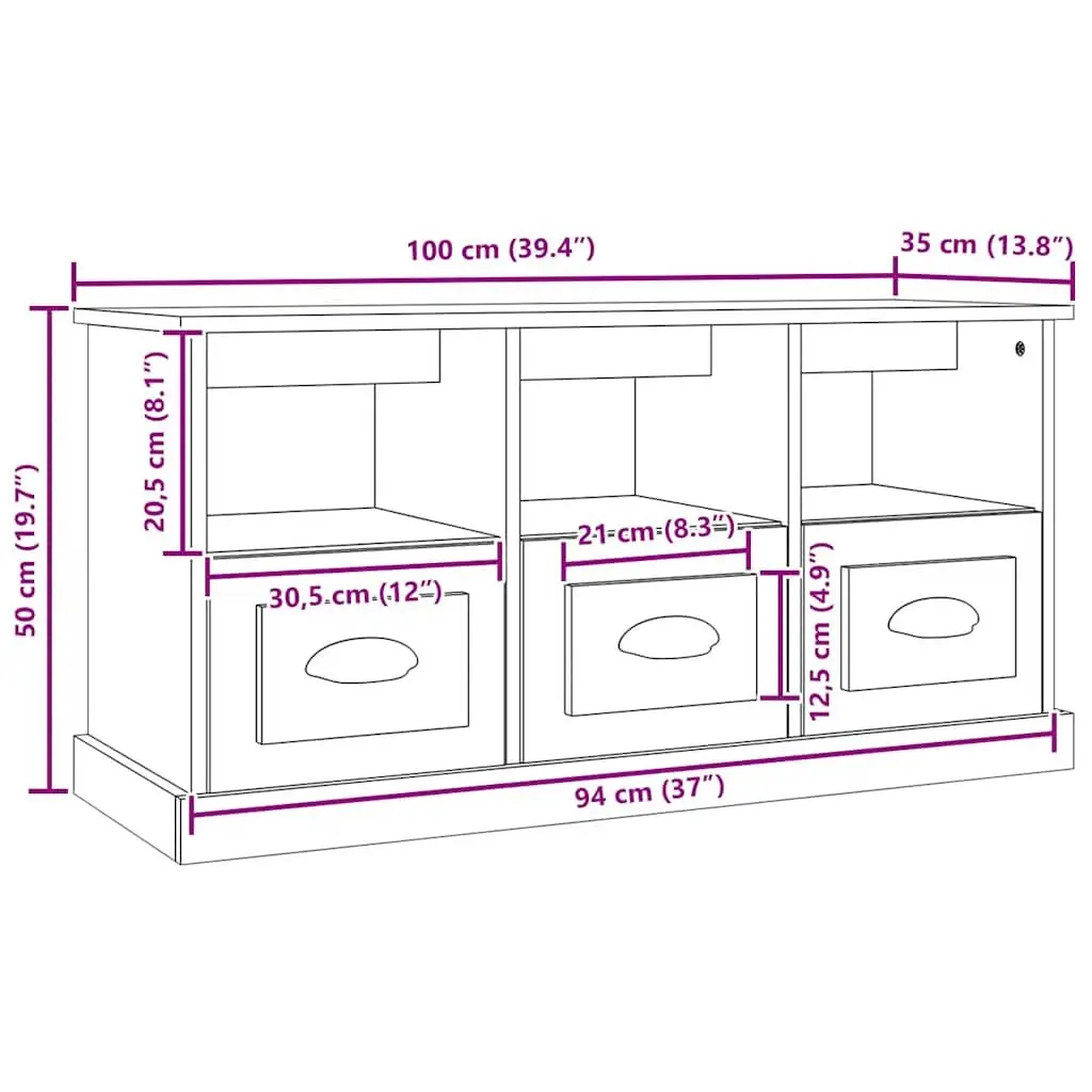 TV Cabinet Grey Sonoma Storage Unit with Drawers Open Compartments 100x35x50cm