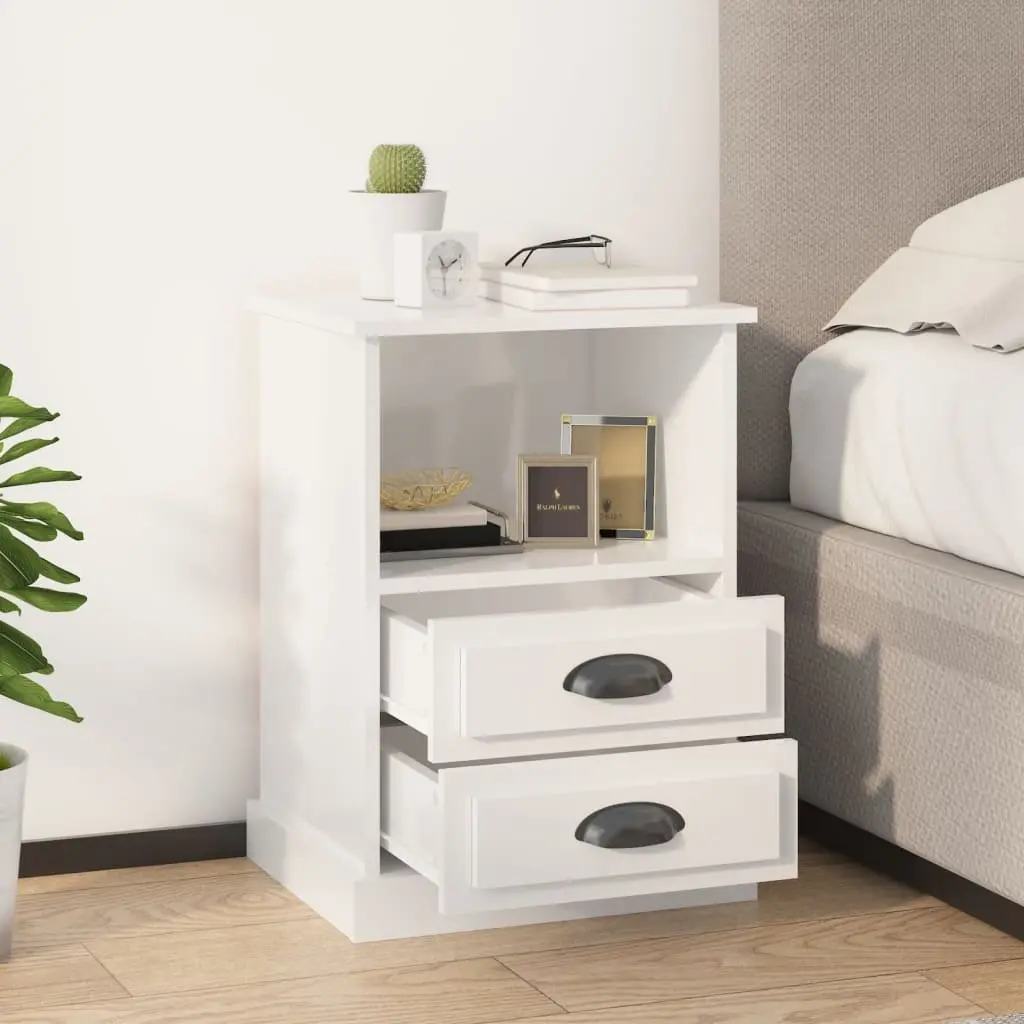 Bedside Cabinet White High Gloss 2 Drawers Open Shelf Bedroom Nightstand Storage