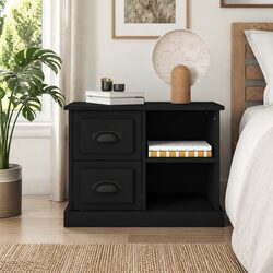 Bedside Cabinet Black Engineered Wood Nightstand Table with 2 Drawers Storage
