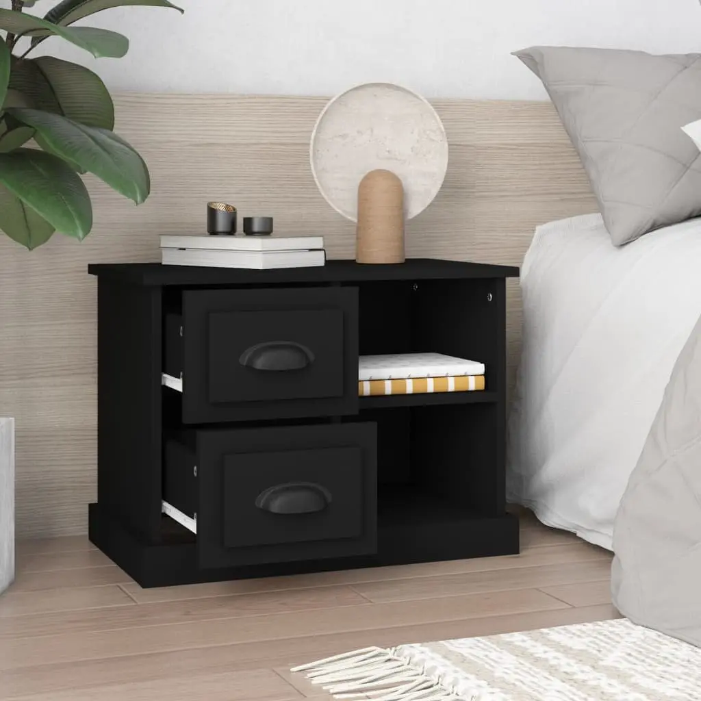 Black Engineered Wood Bedside Cabinet with 2 Storage Drawers