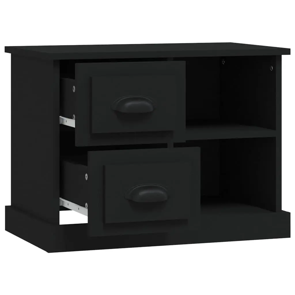 Black Engineered Wood Bedside Cabinet with 2 Storage Drawers