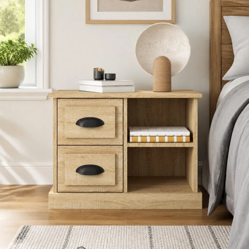 Bedside Cabinet for Bedroom Brown Engineered Wood with 2 Drawers and 2 Compartments