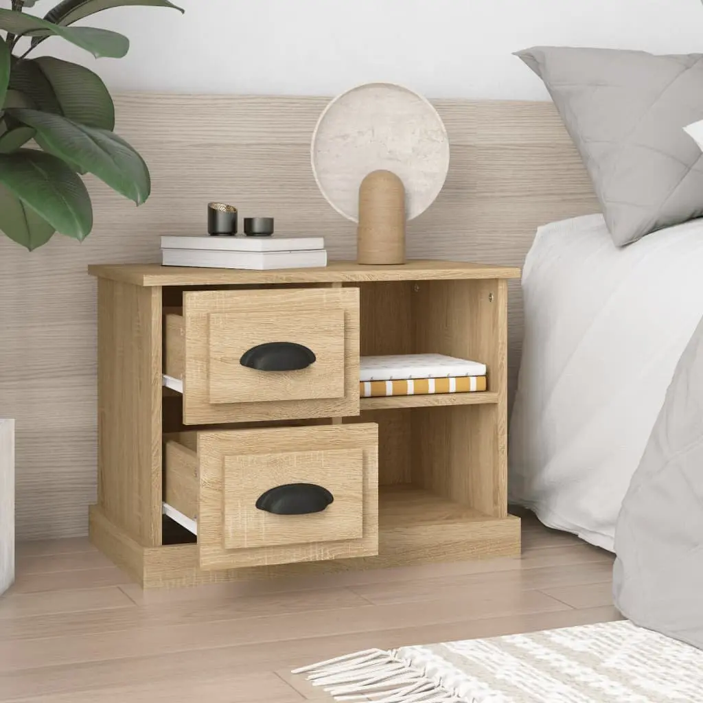 Bedside Cabinet for Bedroom Brown Engineered Wood with 2 Drawers and 2 Compartments