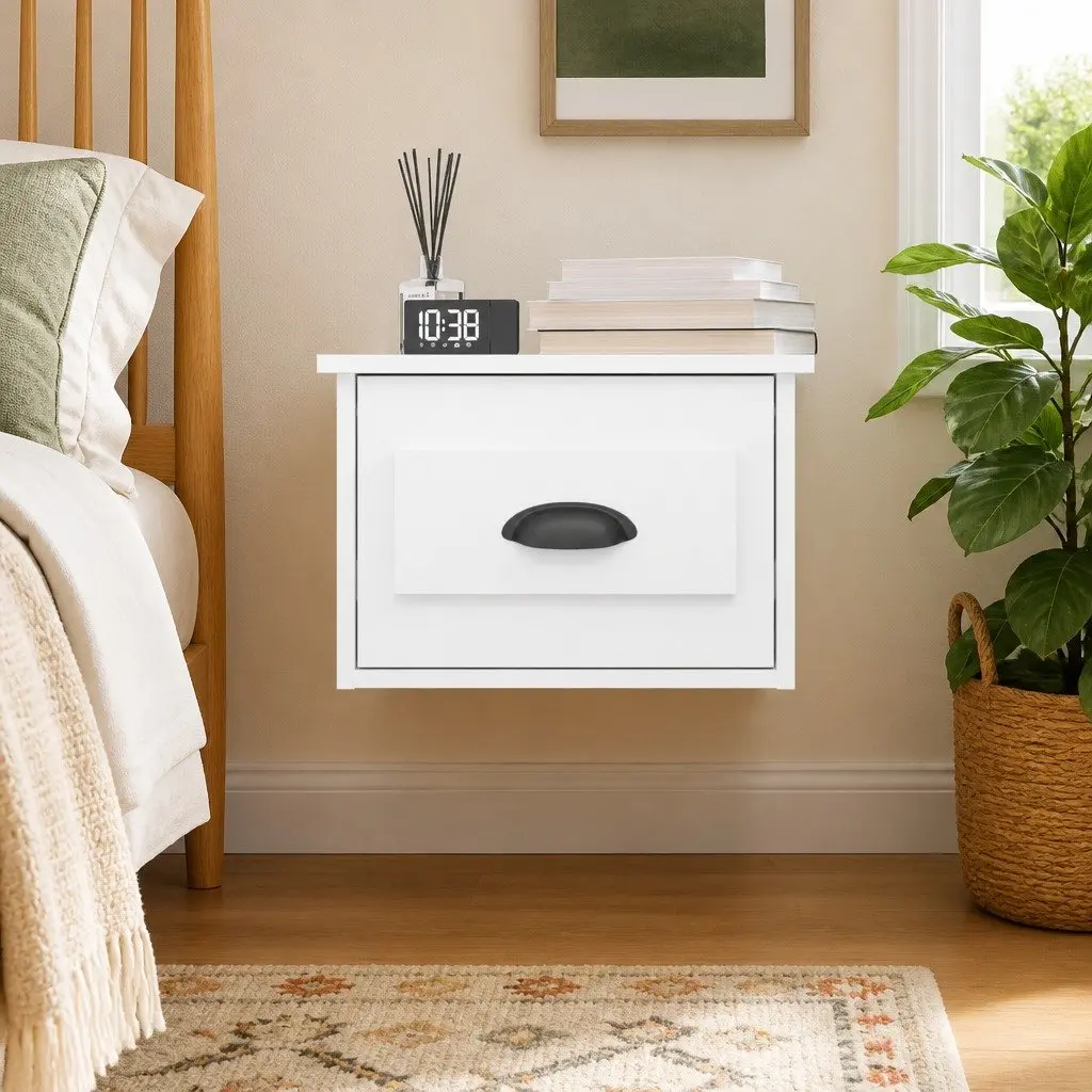 Wall-mounted Bedside Cabinet White Floating Nightstand with Drawer Storage 41.5cm W x 36cm H x 28cm D
