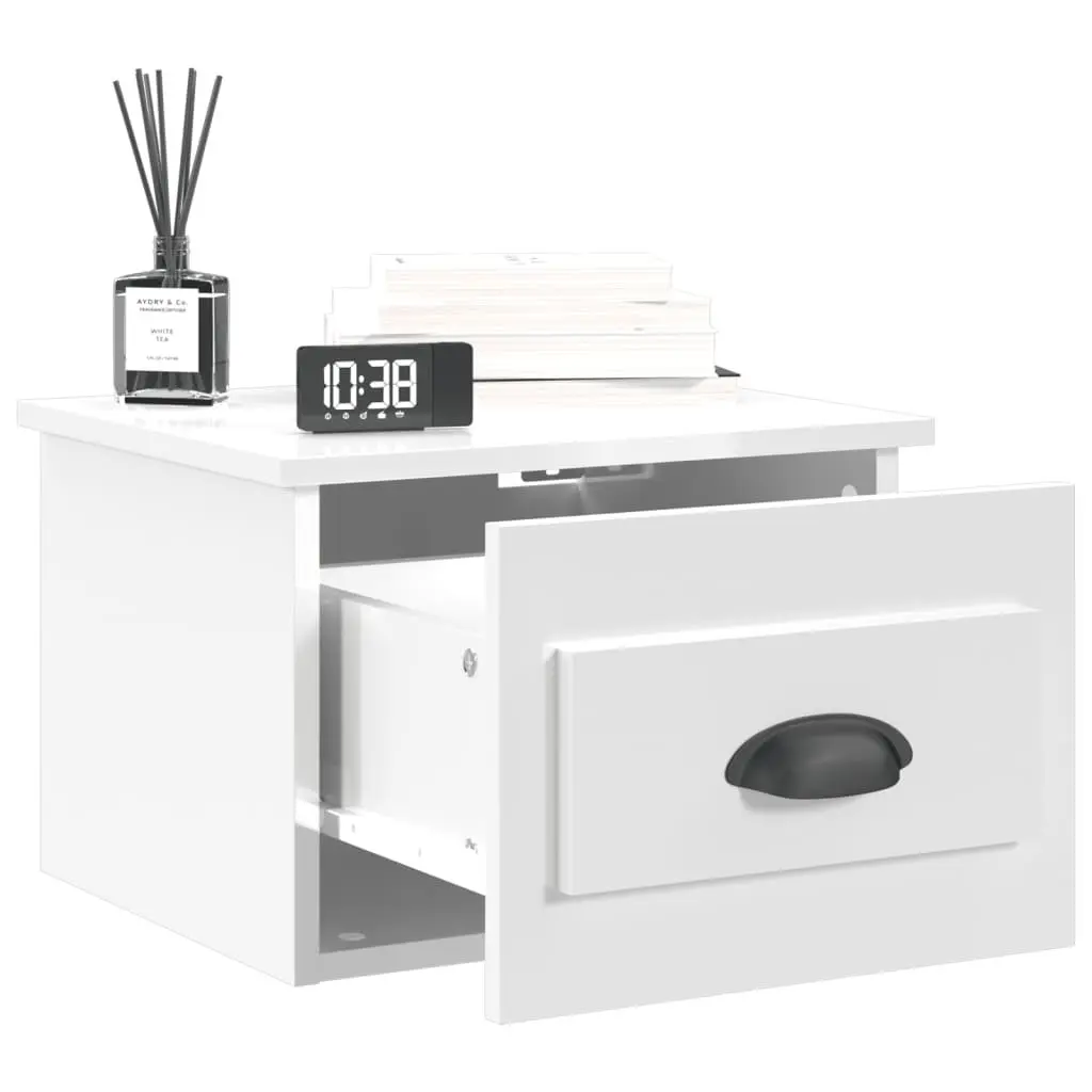 Wall-Mounted Bedside Cabinet White High Gloss Floating Nightstand Drawer Storage