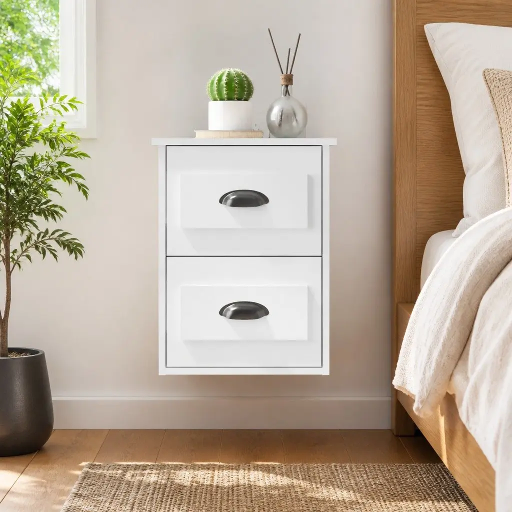 Wall-mounted Bedside Cabinet White Floating Bedside Table 2 Drawer Storage Unit