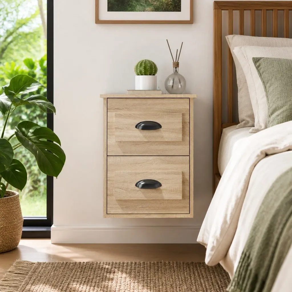 Wall-mounted Bedside Cabinet for Bedroom 41.5cm Wide Sonoma Oak Floating Storage Unit with 2 Drawers