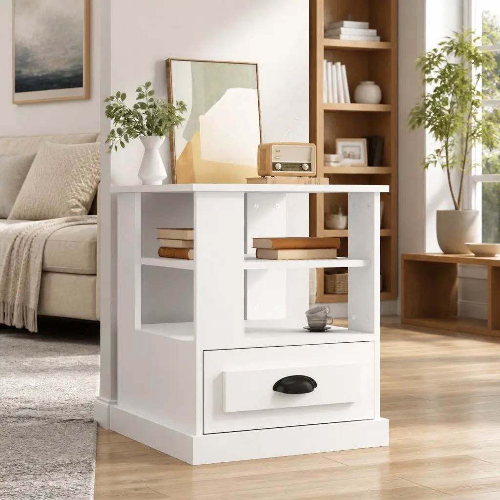 Side Table White 50x50x60 cm Storage End Table Accent Furniture Living Room