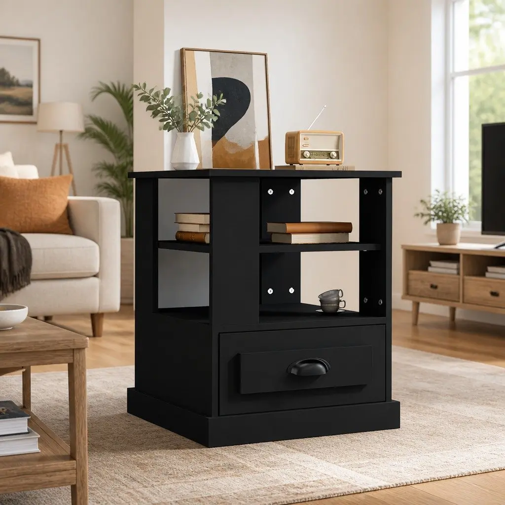 Side Table for Living Room Bedroom Entryway Black Engineered Wood 50W x 50D x 60H cm