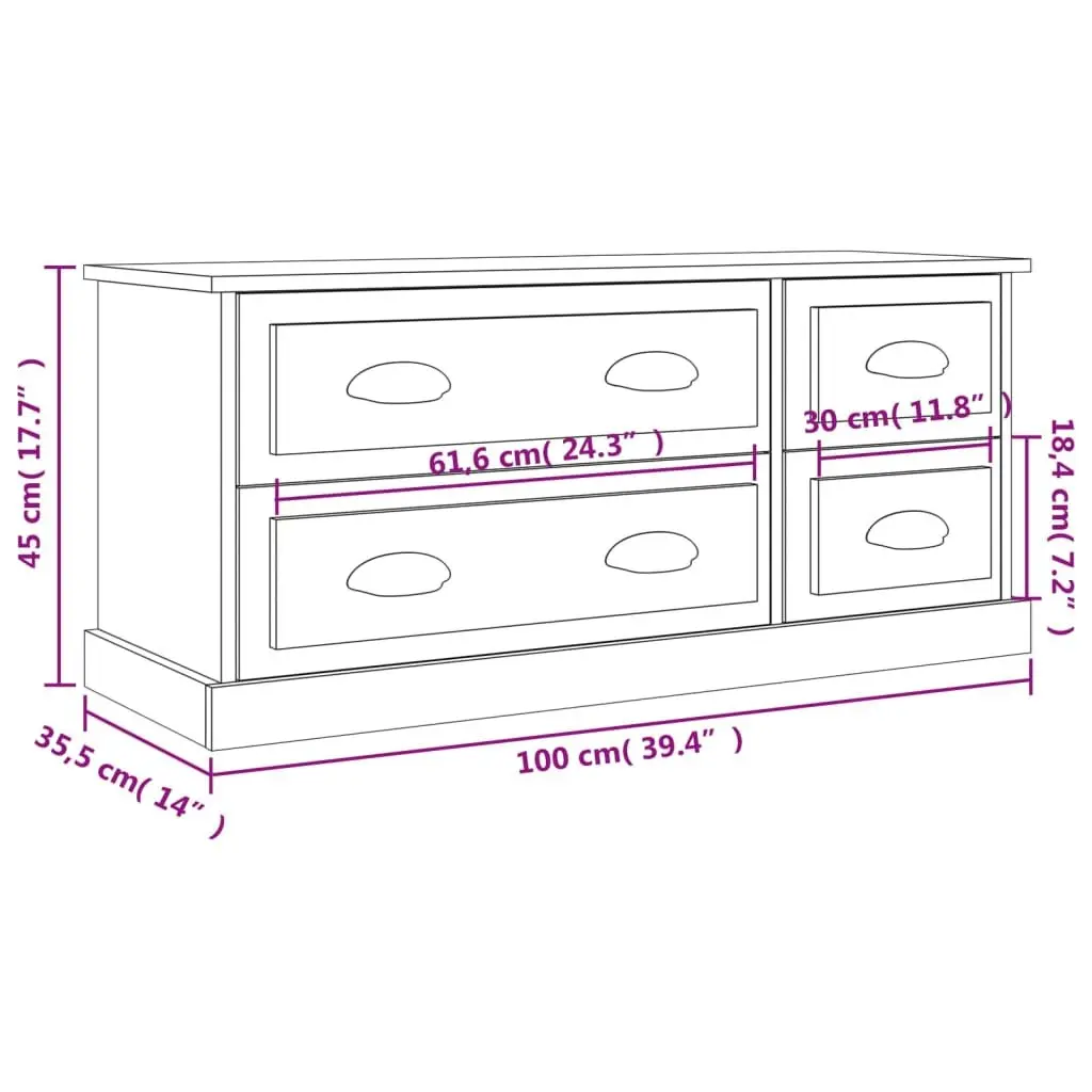 TV Cabinet Black 100x35.5x45 cm with 4 Drawers Media Storage Unit