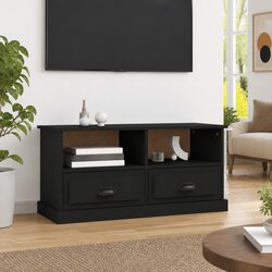 TV Cabinet Black Storage Unit with Drawers Open Compartments Living Room