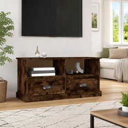 TV Cabinet Brown Engineered Wood Storage Unit 2 Drawers Open Compartments