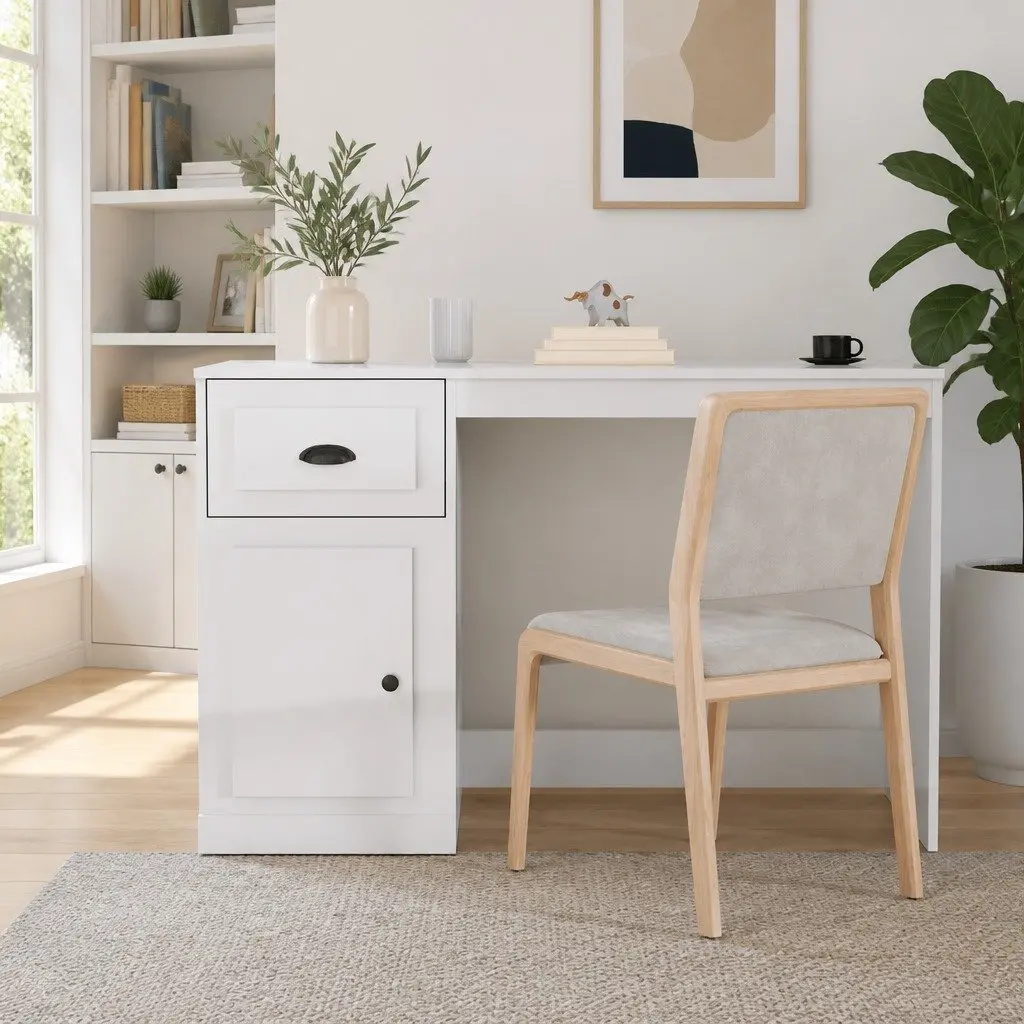 White High Gloss Desk with Drawer Engineered Wood Office Study Table Storage