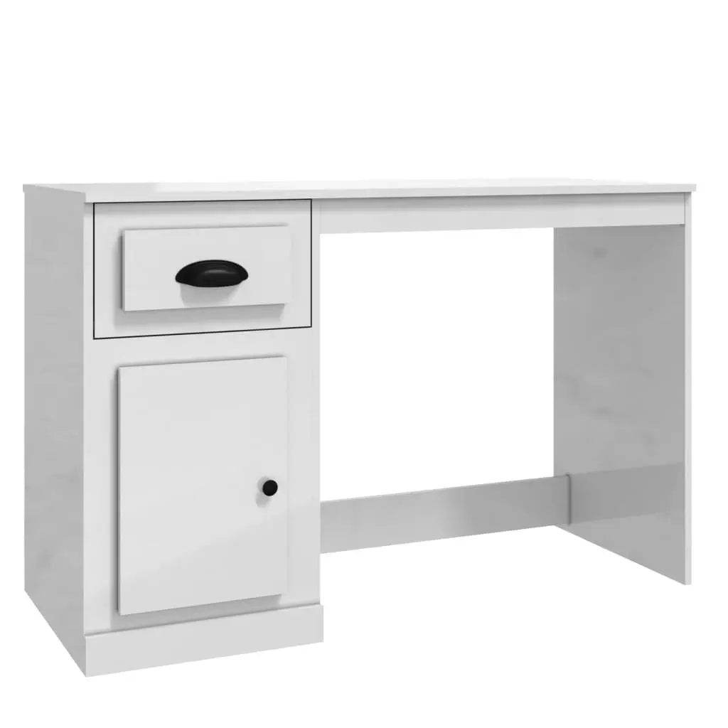 White High Gloss Desk with Drawer Engineered Wood Office Study Table Storage