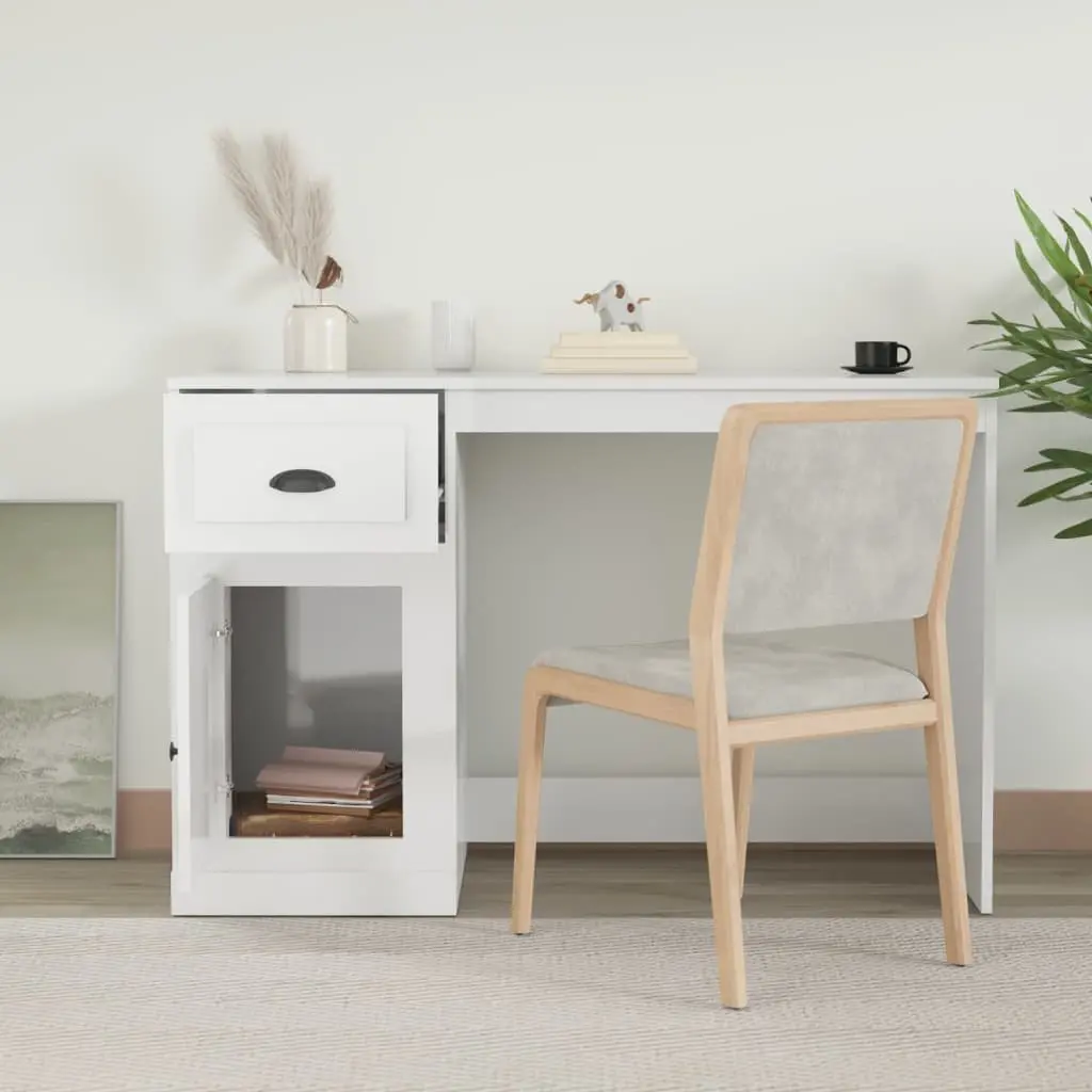 White High Gloss Desk with Drawer Engineered Wood Office Study Table Storage