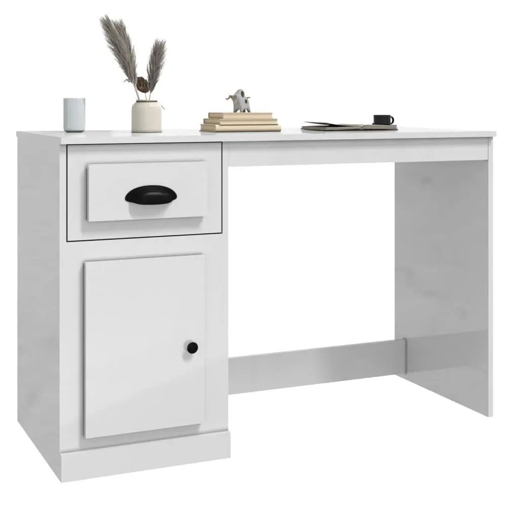 White High Gloss Desk with Drawer Engineered Wood Office Study Table Storage