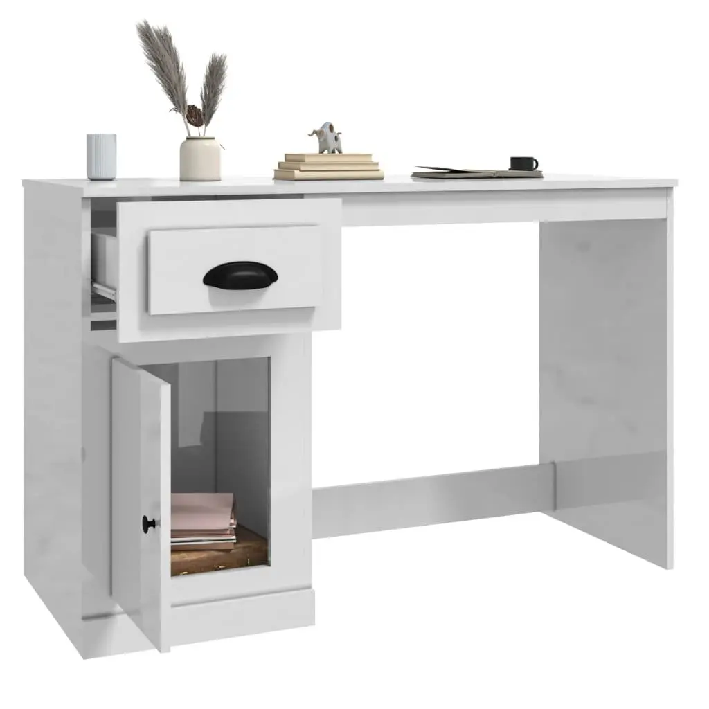 White High Gloss Desk with Drawer Engineered Wood Office Study Table Storage
