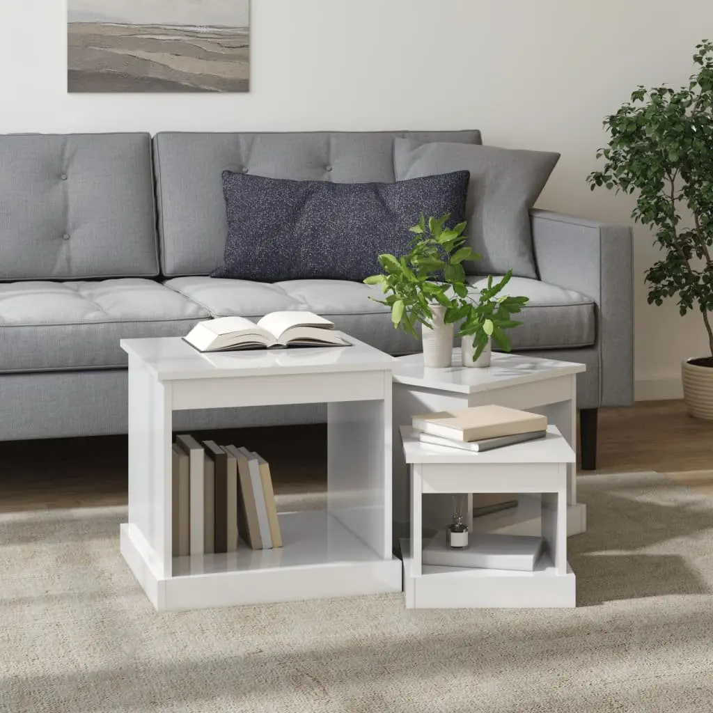 Coffee Table Set 3 Piece High Gloss White Engineered Wood Nesting Living Room