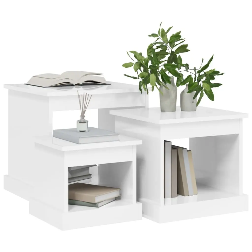 Coffee Table Set 3 Piece High Gloss White Engineered Wood Nesting Living Room