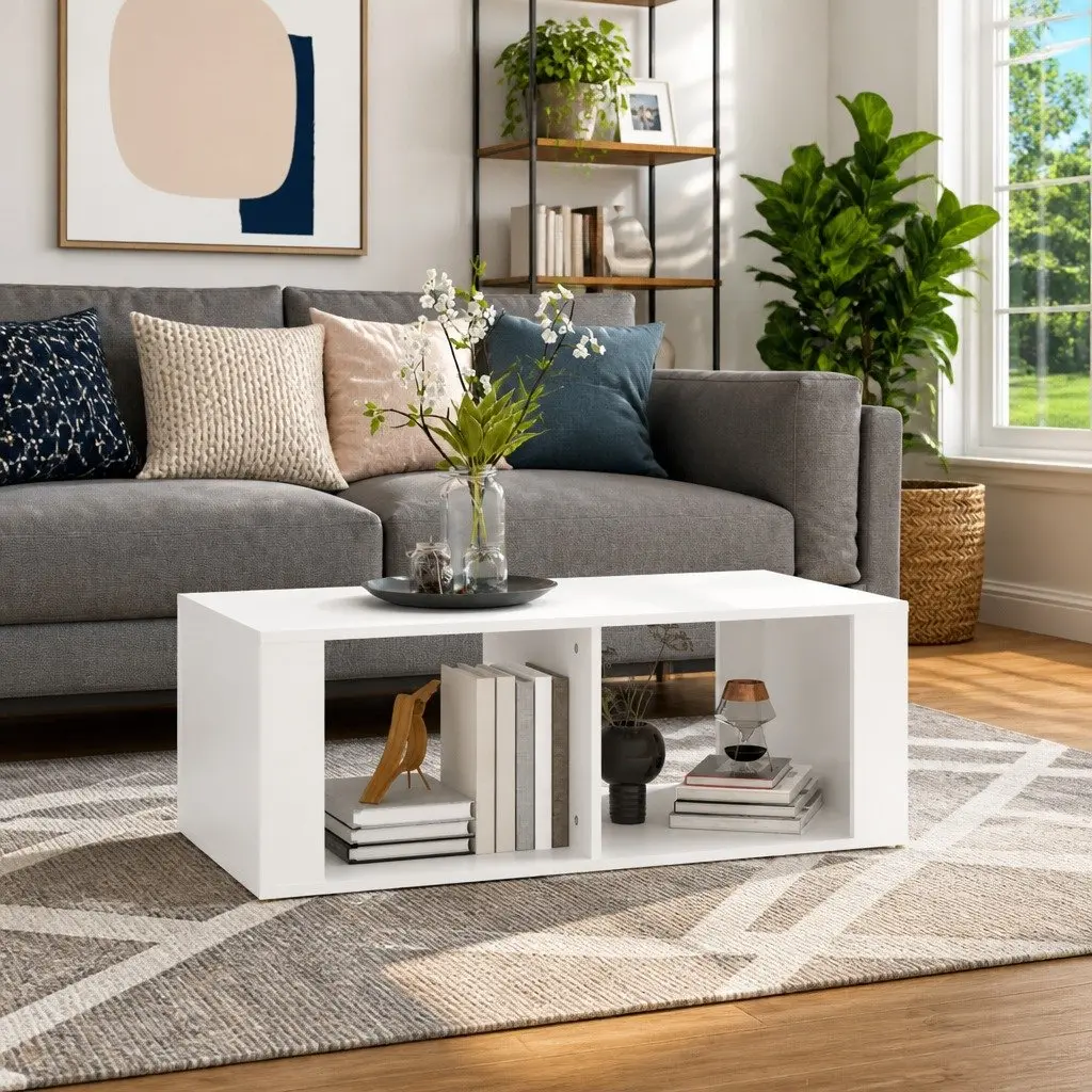 Coffee Table White Modern Storage 100x50x36cm Engineered Wood Side Accent Table