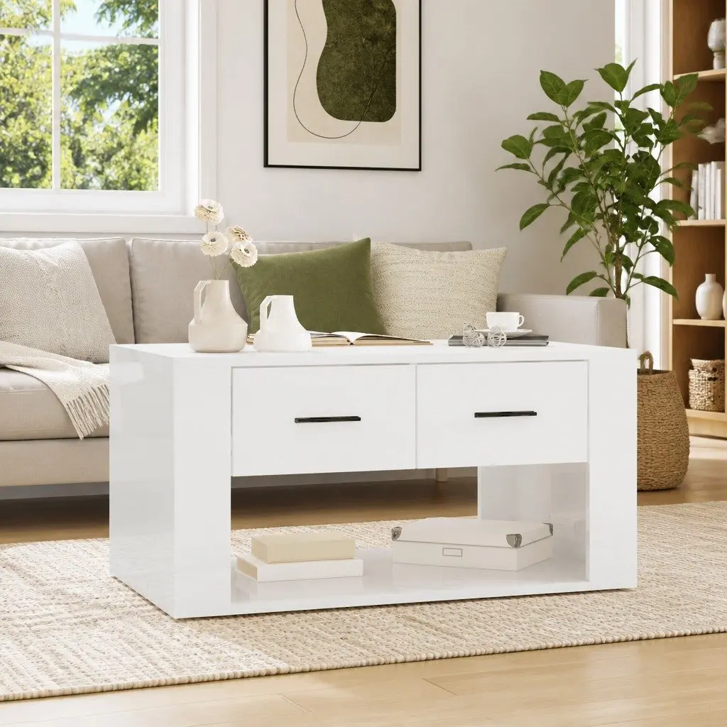 Coffee Table Living Room 80 x 50 x 40 cm High Gloss White with 2 Drawers Storage