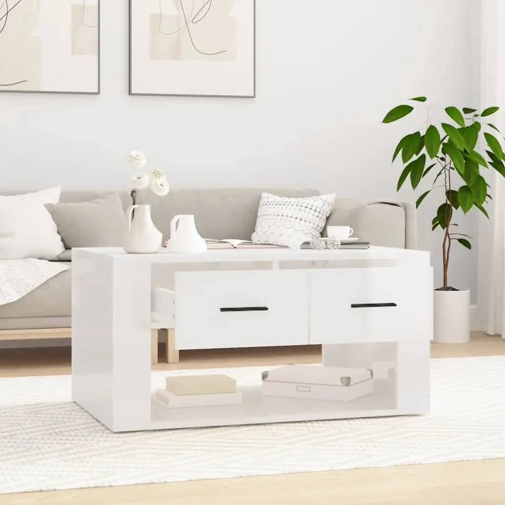 Coffee Table Living Room 80 x 50 x 40 cm High Gloss White with 2 Drawers Storage