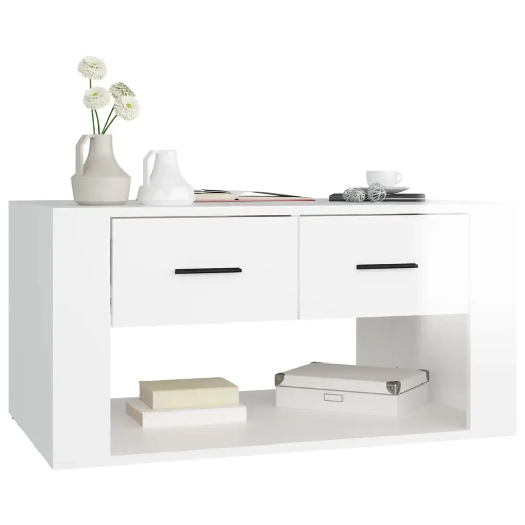 Coffee Table Living Room 80 x 50 x 40 cm High Gloss White with 2 Drawers Storage