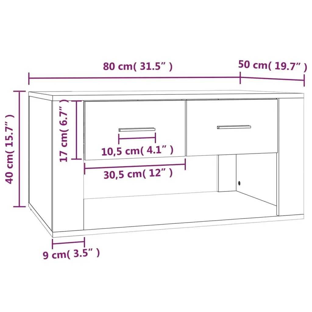 Coffee Table Living Room 80 x 50 x 40 cm High Gloss White with 2 Drawers Storage