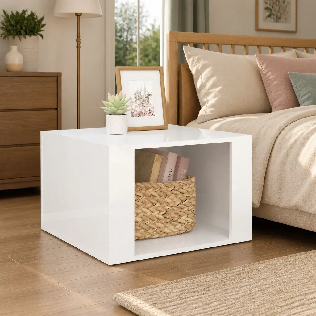 Bedside Table White High Gloss Storage Nightstand Engineered Wood Elegant Design