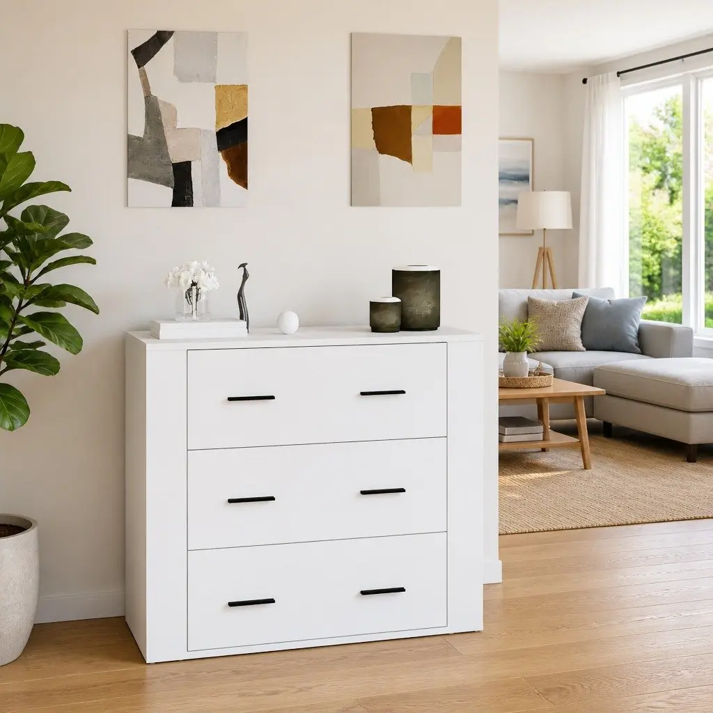 White Sideboard Cabinet 80x33x70cm Engineered Wood Storage Buffet 3 Drawers