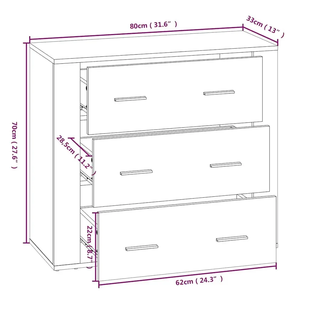 White Sideboard Cabinet 80x33x70cm Engineered Wood Storage Buffet 3 Drawers