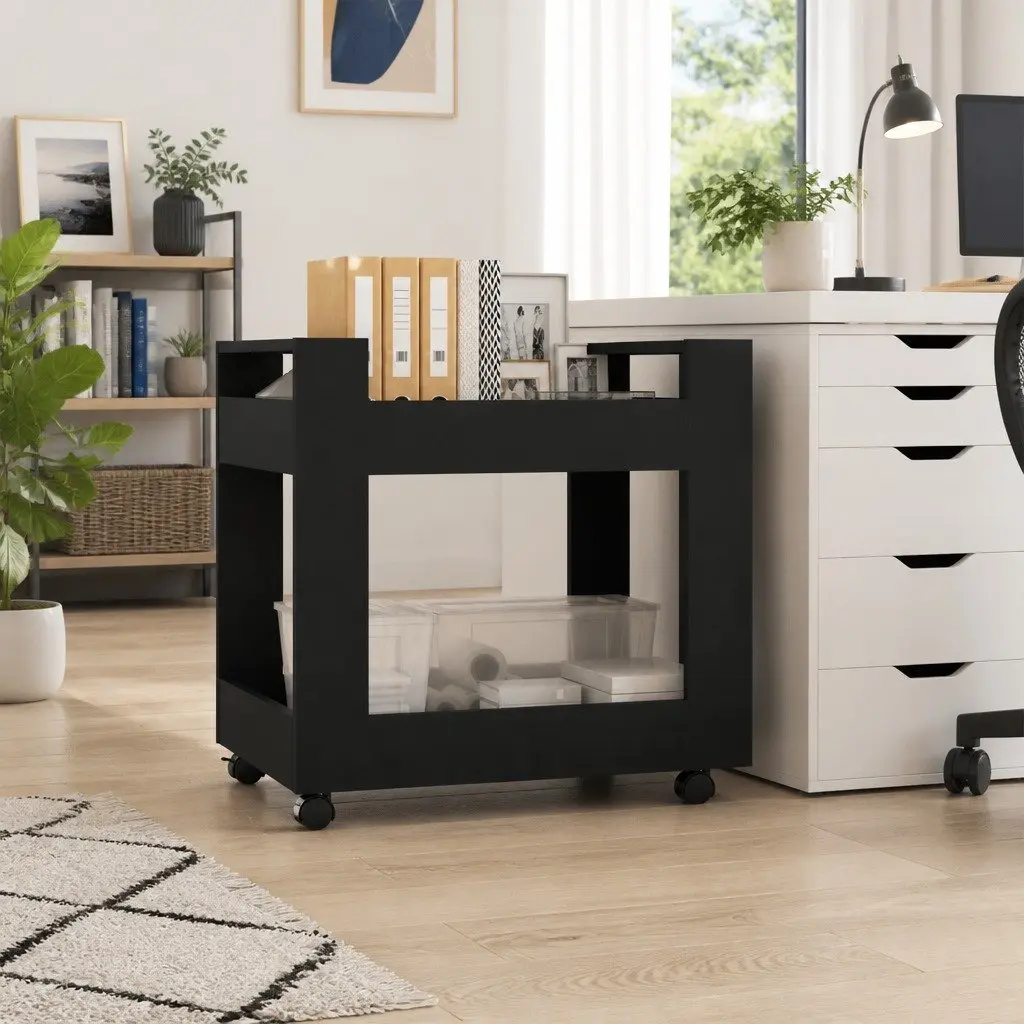 Desk Trolley for Office Kitchen Living Room Black 60x45x60cm Engineered Wood Rolling Storage Shelves