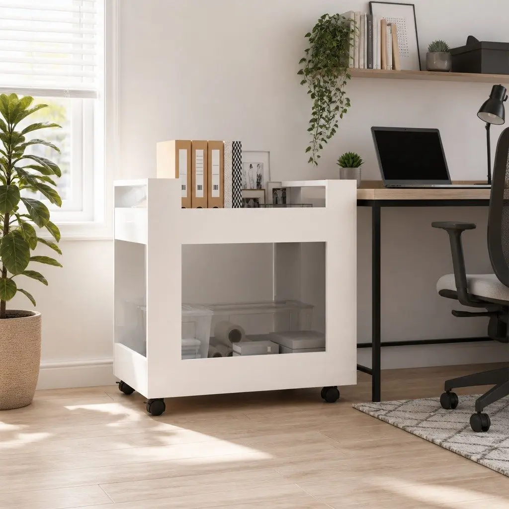 Desk Trolley Storage Cart 60x45x60cm White High Gloss Office Under Desk Shelves