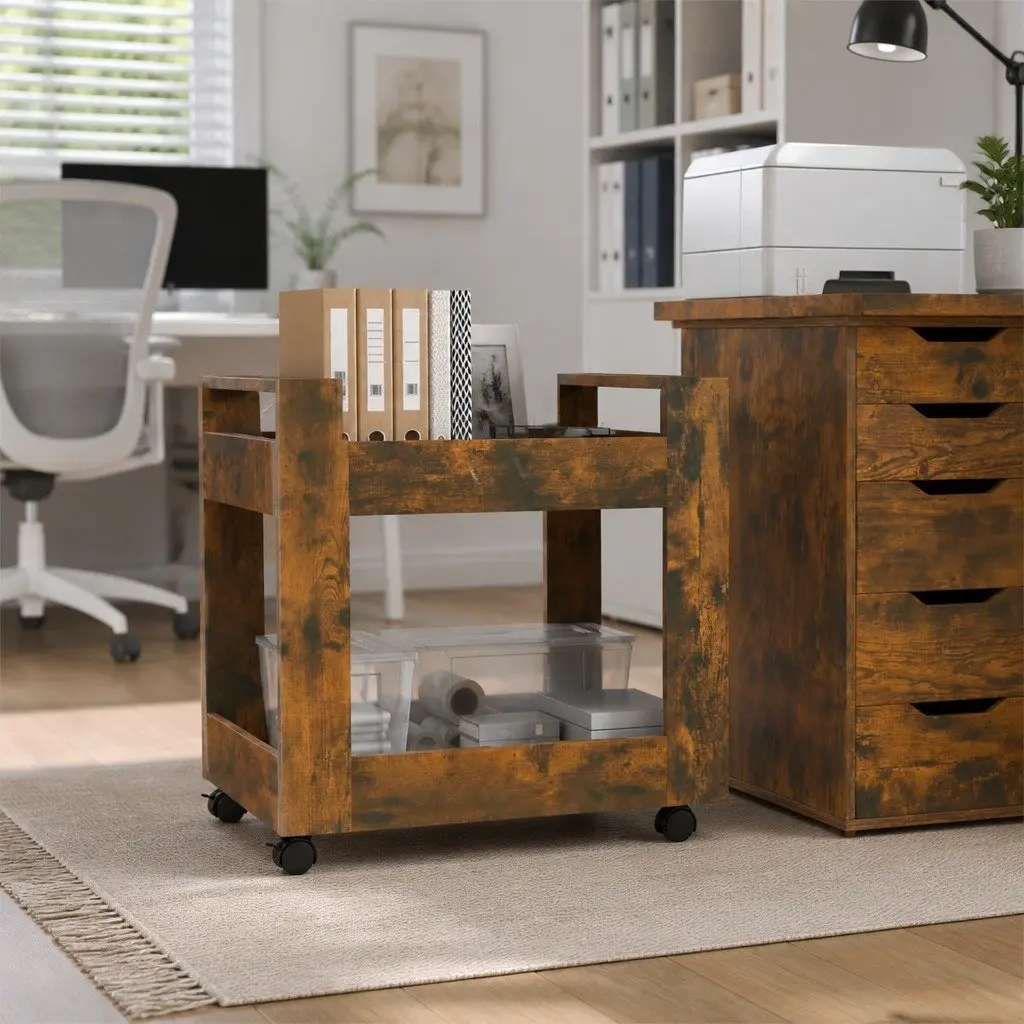 Desk Trolley 60x45x60 cm Smoked Oak Open Shelves Storage Mobile Casters Brown